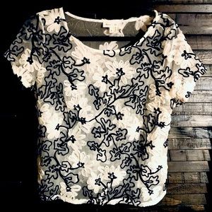 Anthro Meadow Rue White and Black Floral Lace top